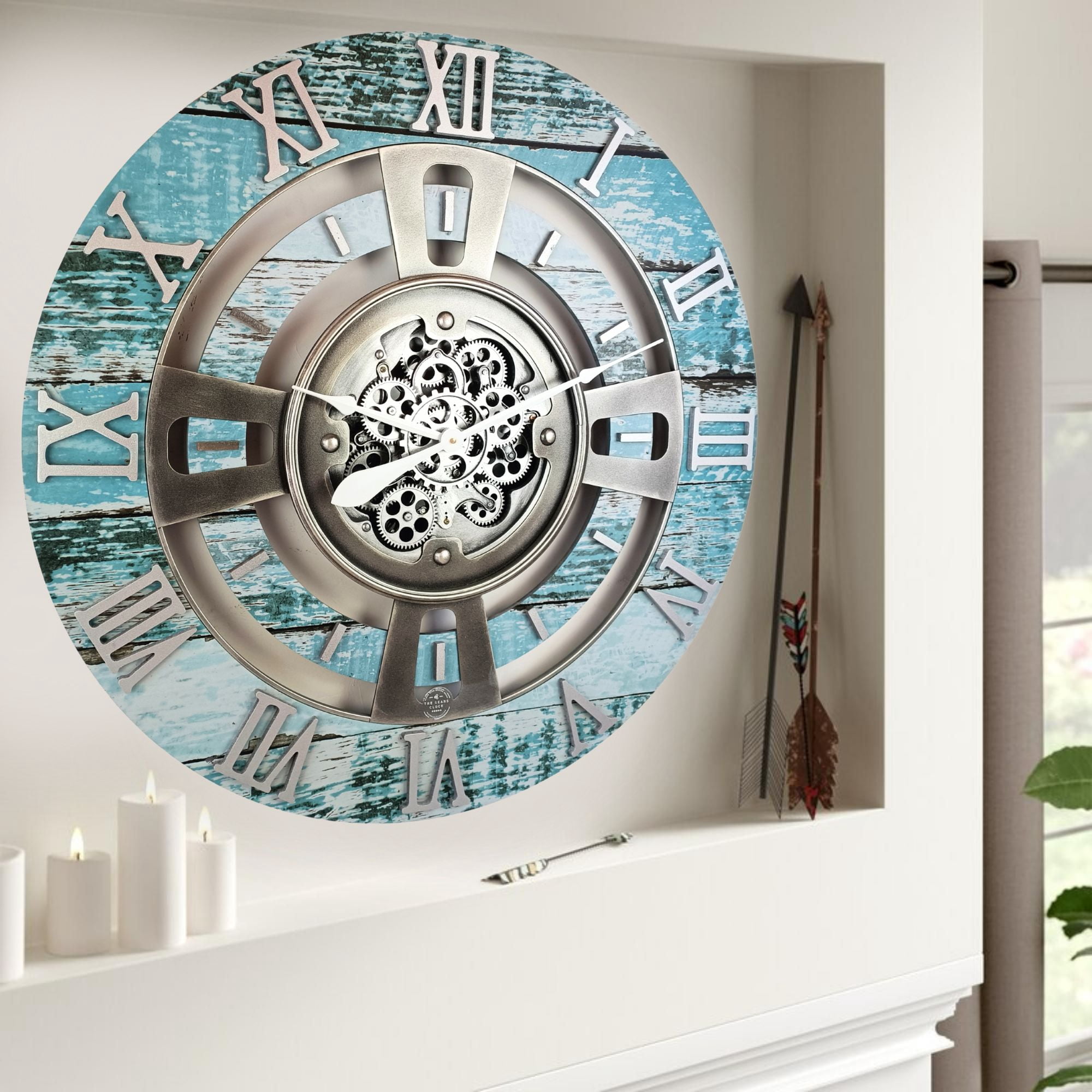 THE GEARS CLOCK Wall Clock with Real Moving Gears EN-LI_ 24 in Round Aqua-Green