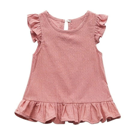 Annhoo Girls Ruffle Sleeve Tank Tops Cotton Linen Crew Neck Sleeveless Shirts Trendy Cute Solid Blouses 1-7 Years