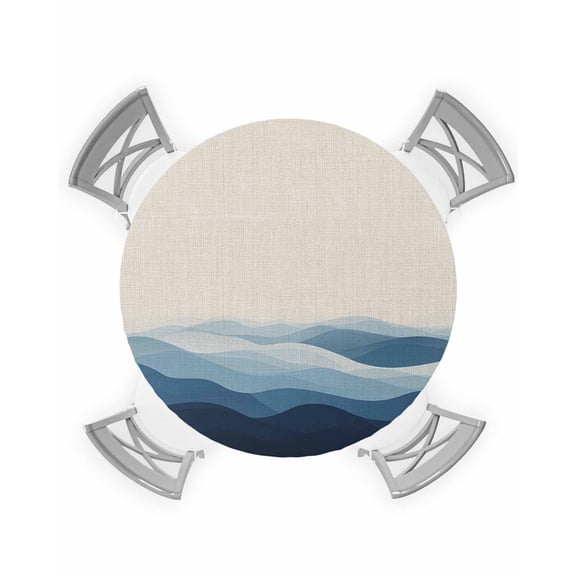 nqOlkjepod Blue Beige Ombre Round Tablecloth, Fitted Table Cover with Elastic for 36"-44" Round Tables, Minimalist Ocean Waves Linen Table Cloth Outdoor Indoor Dinning Party Waterproof Tablecloths
