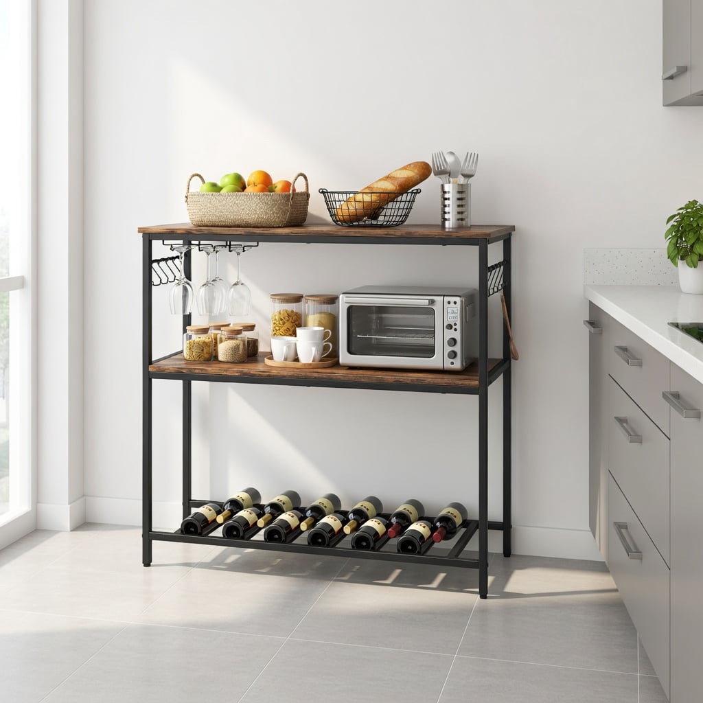 Resenkos 3 Shelves Kitchen Island Industrial Prep Table with Bottom Wine Rack-Rustic Brown, Storage Rack Microwave Oven Stand for Spices, Pots, and Pans