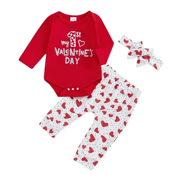 Okbabeha Baby Girl Valentine's Day Outfits Long Sleeve Romper Pants Headband