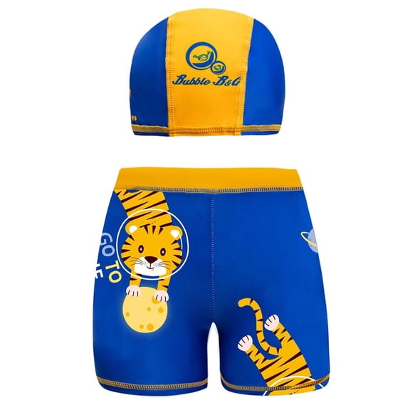 Odeerbi 3-12 Years Toddler Kids Boys Cute Print Swim Trunks with Swim Cap Quick Dry Beach Shorts with Pockets Elastic Waist Board Shorts
