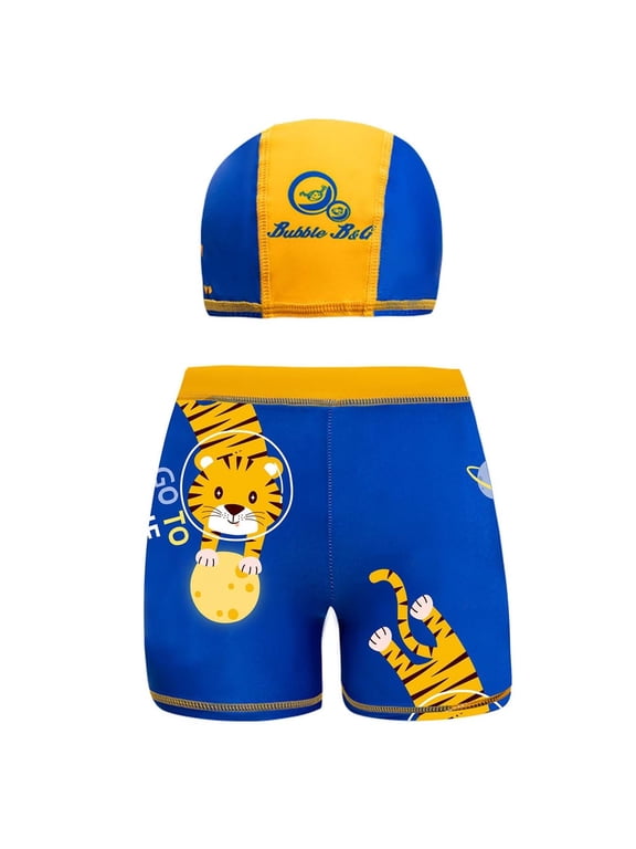 Boys Swim Trunks and Cap Set, Navy Blue Space Tiger Print, UPF 50+ Quick Dry Chlorine Resistant for Boys 3-12 Years,Size 5-6 T