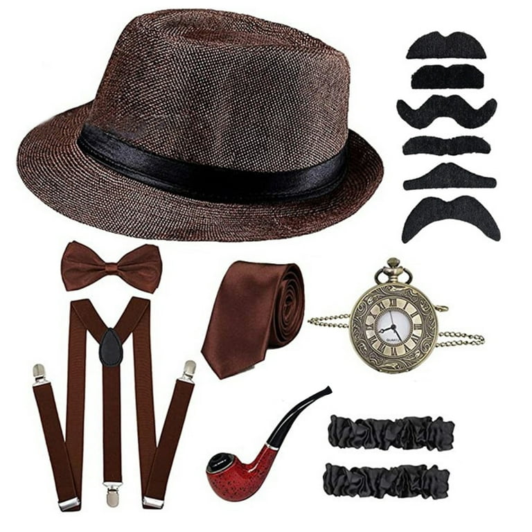 Halloween 1920s Men Gangster Accessories Set Panama Hat Suspender Bowtie  1920s Carnivals Party Cosplay Accessories 