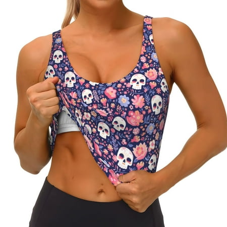 Qokaie white Skull Flower Pattern Womens Scoop Neck Sports Bra Breathable Workout Vest Padded U Back Medium Impact Fitness Gym Yoga Bra Workout Crop Top