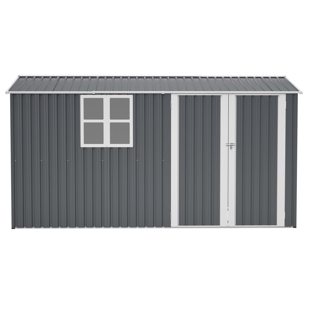 8x12 FT Steel Storage Shed, With Floor frame，Hinged Gray Doors & 4 Ventilation Openings with Window for Patio & Garden Use