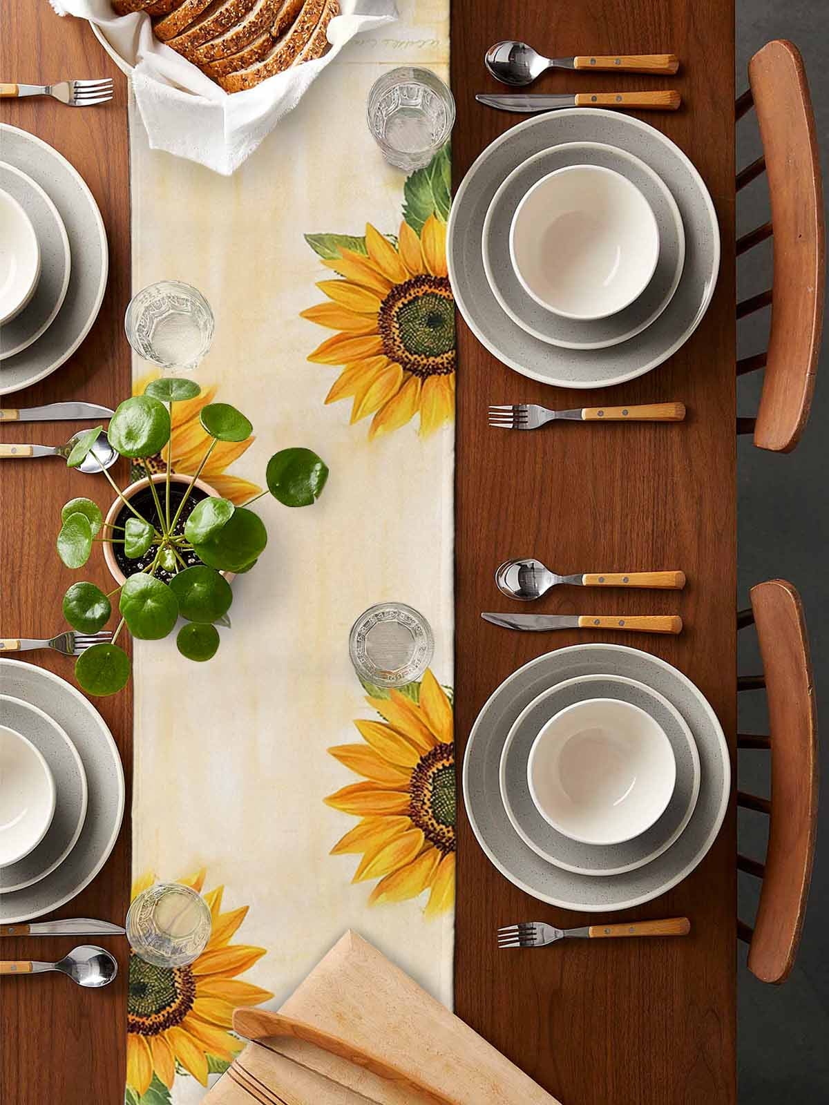 nqOlkjepod Botanical Sunflowers Table Runner 70 Inches Long Farmhouse Dress Scarves, Farmhouse Watercolor Flowers Leaves Dining Tablerunner for Coffee Table/Kitchen Island/Party Décor, 13" x 70"