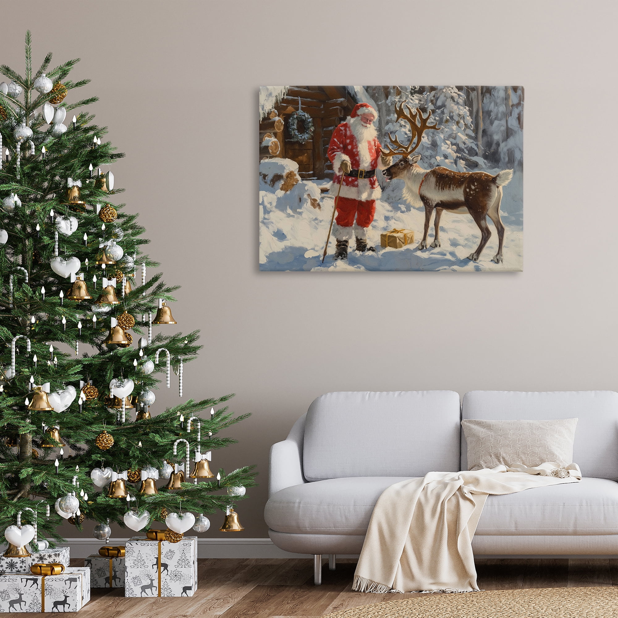 Stupell Industries Santa with Reindeer Scene Holiday Painting Gallery Wrapped Canvas Art Prints Wall Art, 45 x 30