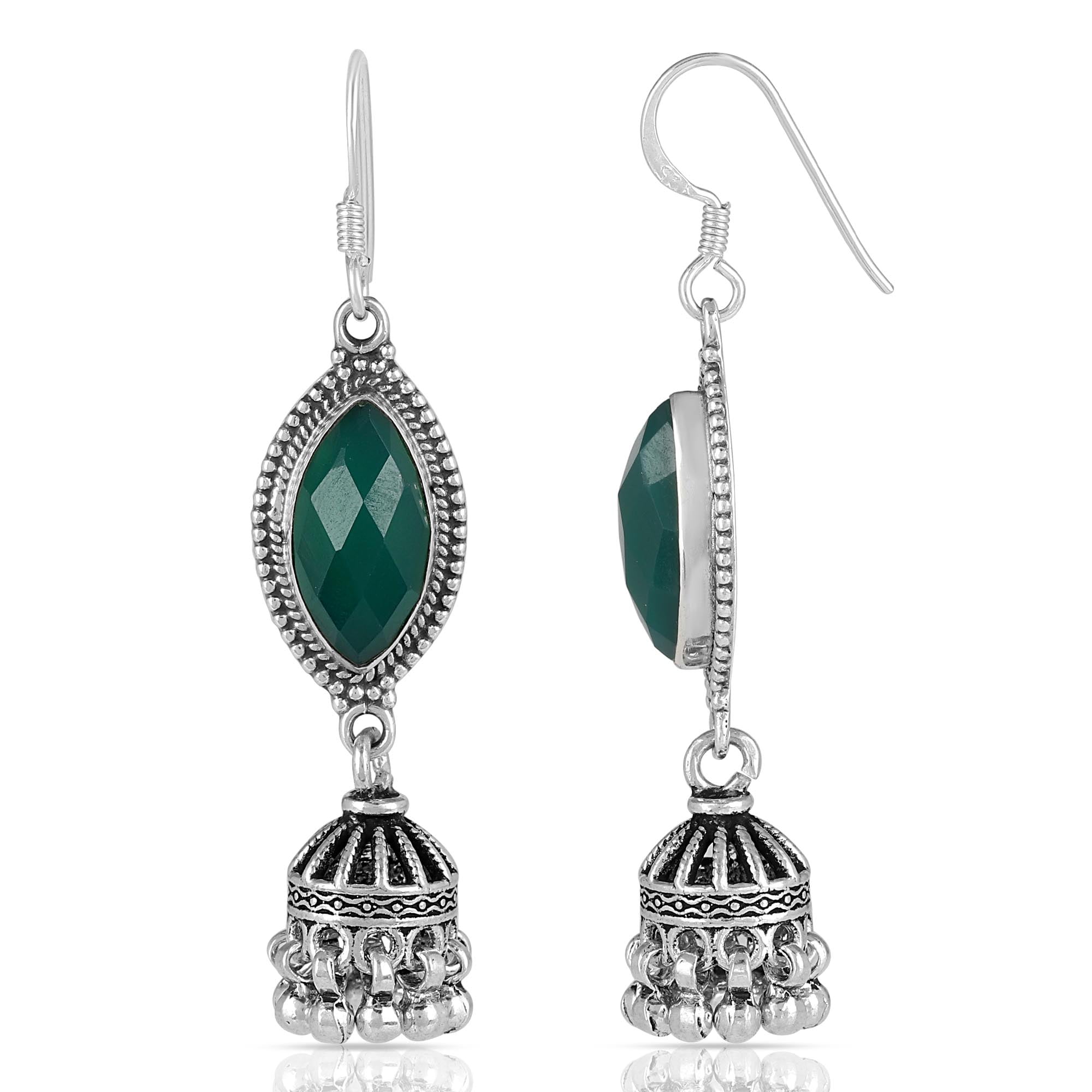 Natural Green Onyx Dangle Earrings for Women in 925 Sterling Silver – Handmade 15x8 mm Marquise Gemstones, 57 mm Long Boho Drop Earrings with Fish Hook Backs, Statement Jewelry Gift