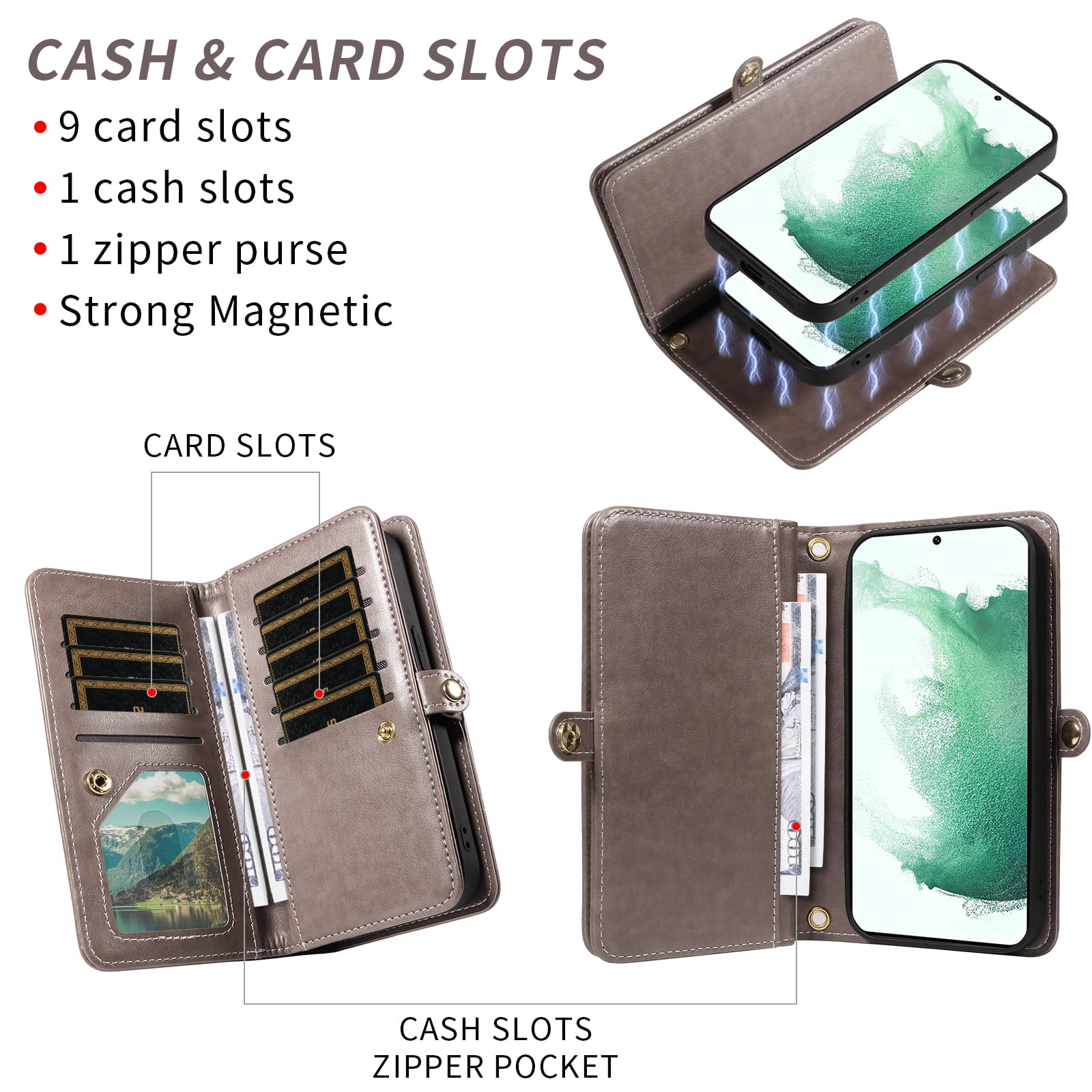 Asuwish Phone Case for Samsung Galaxy S22 Plus S22+ 5G Zipper Wallet Detachable Cell Cover with Tempered Glass Screen Protector Strap Flower Flip Card Holder S22+5G S22plus 22S + S 22 22+ Women Gray