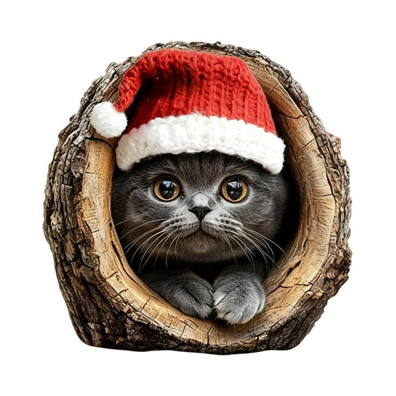 Christmas Cat with Xmas Hat Ornaments, 2D Acrylic Flat Commemorative Holiday Gift for Animal Lovers, Personalized Tree Decoration with Photo Slot, 3.1 inch