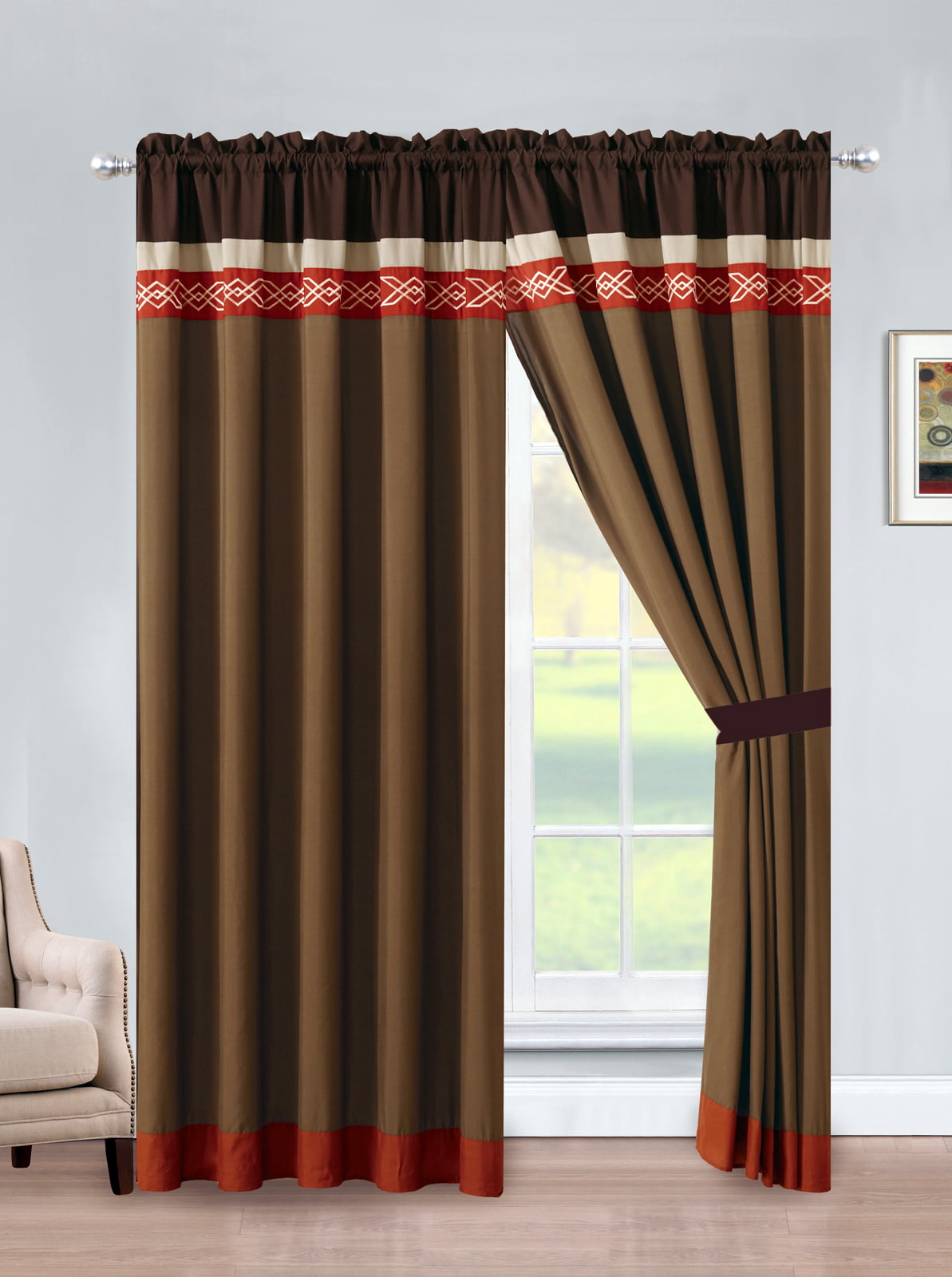 4 pc Coffee Brown Embroidered Window Curtains Panels Drapes Valance Set 84 in L 