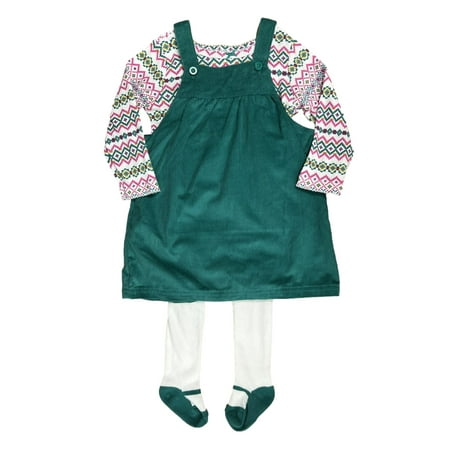 

Carters Infant Girls 3PC Green Corduroy Dress Long Sleeve Shirt & Tights 24m