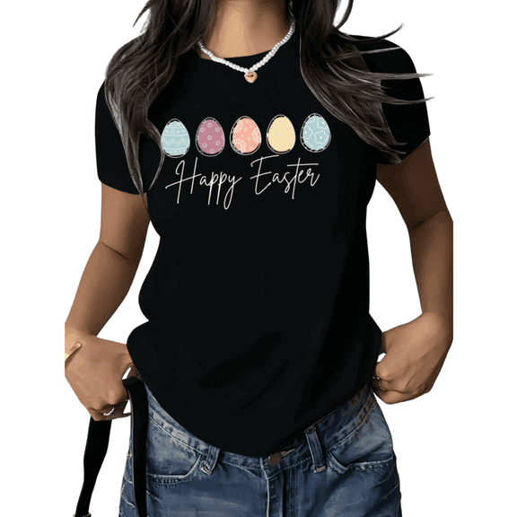 Black Happy Easter Eggs Print Tshirt Graphic Tees Cute Easter Holiday Spring Graphic Shirts Women Gift S to 5XL Tops