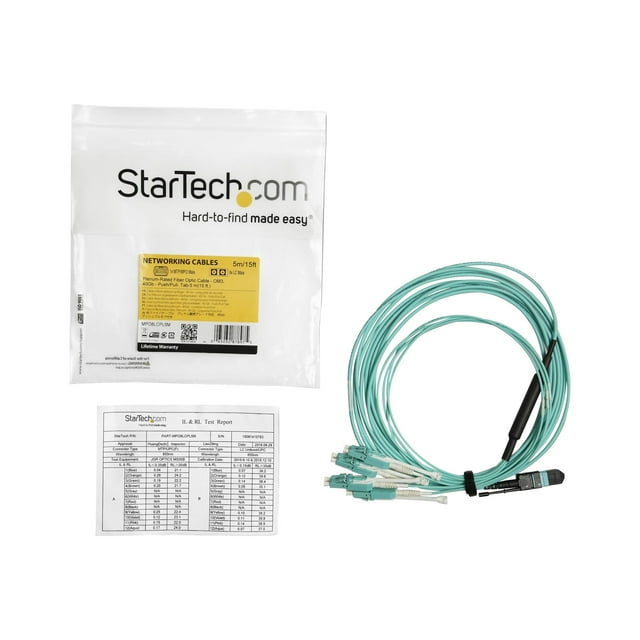 StarTech.com MTP to LC Breakout Cable - 15 ft / 5m - OM3 Multimode - 40Gb - Pull Tab - Plenum - MPO / MTP Connector - Fiber Optic Cable (MPO8LCPL5M) - Breakout cable - MTP/MPO multi-mode (F) push/pull to LC multi-mode (M) push/pull - 5 m - fiber optic - 50 / 125 micron - OM3 - plenum - aqua