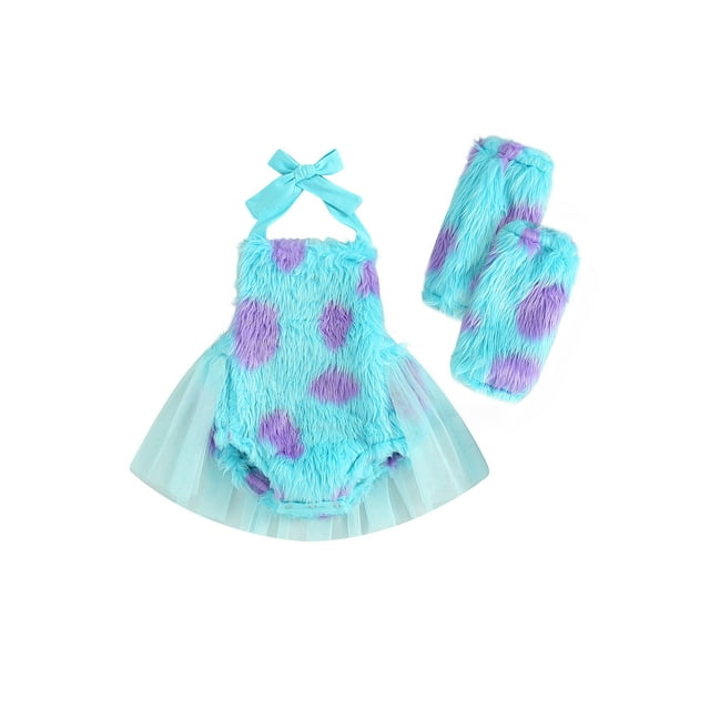 xiaxaixu Infant Girl Rompers Sleeveless Tie-Up Halter Neck Mesh Hem Backless Print Fur Jumpsuits Baby Clothes Bodysuits with Leg Warmers