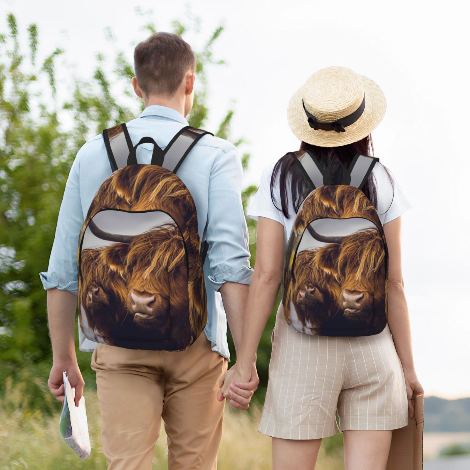Vsdgher Portrait Of Cow With Its Baby Cow Print Canvas Backpack Travel Rucksack Unisex Knapsack 15.7/17.7Inch Laptop Backpack for Work,College -Medium