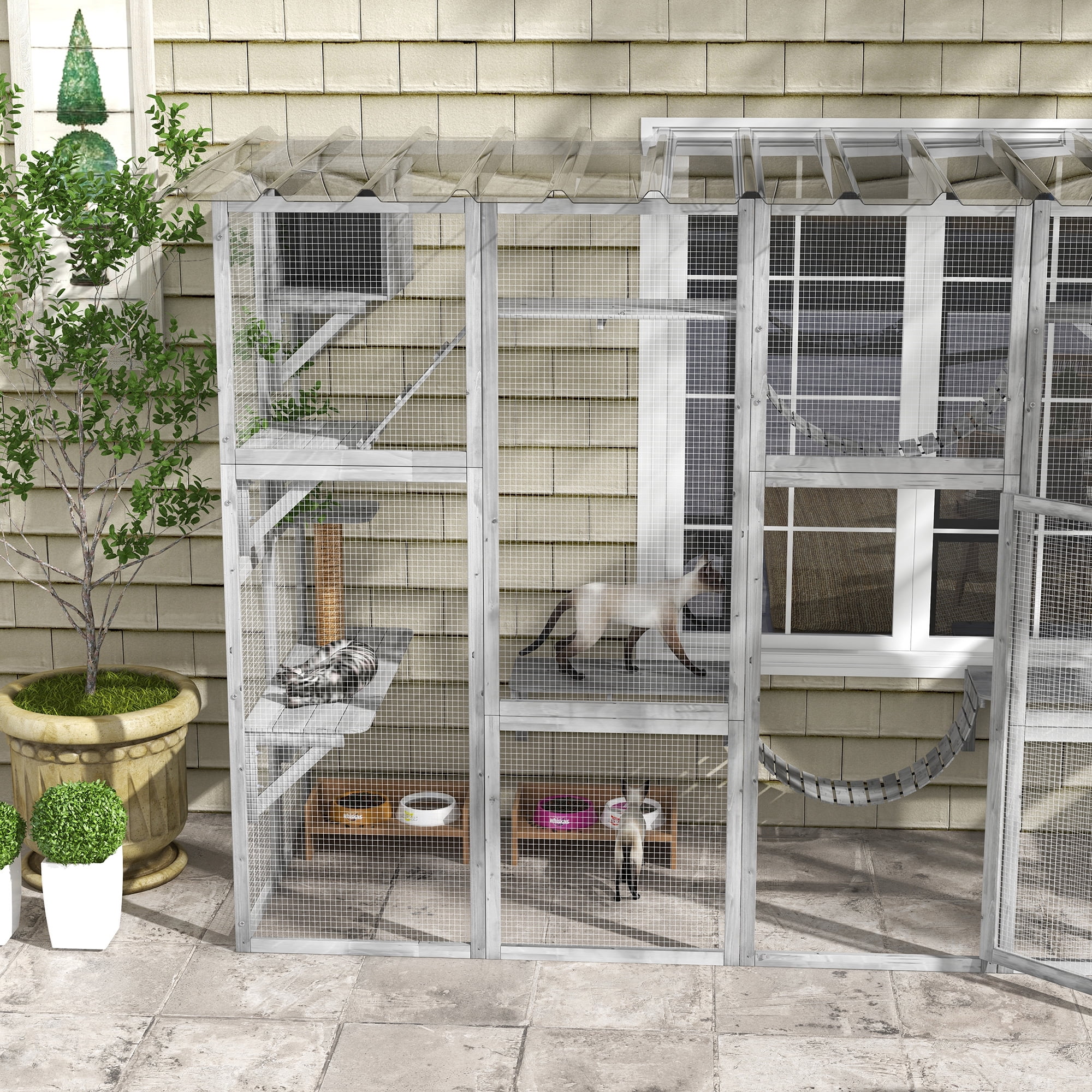 PawHut Catio Playground Outdoor Cat Enclosure, Wooden Outdoor Cat House Weatherproof for Multiple Cats, Shelves & Bridges, Gray
