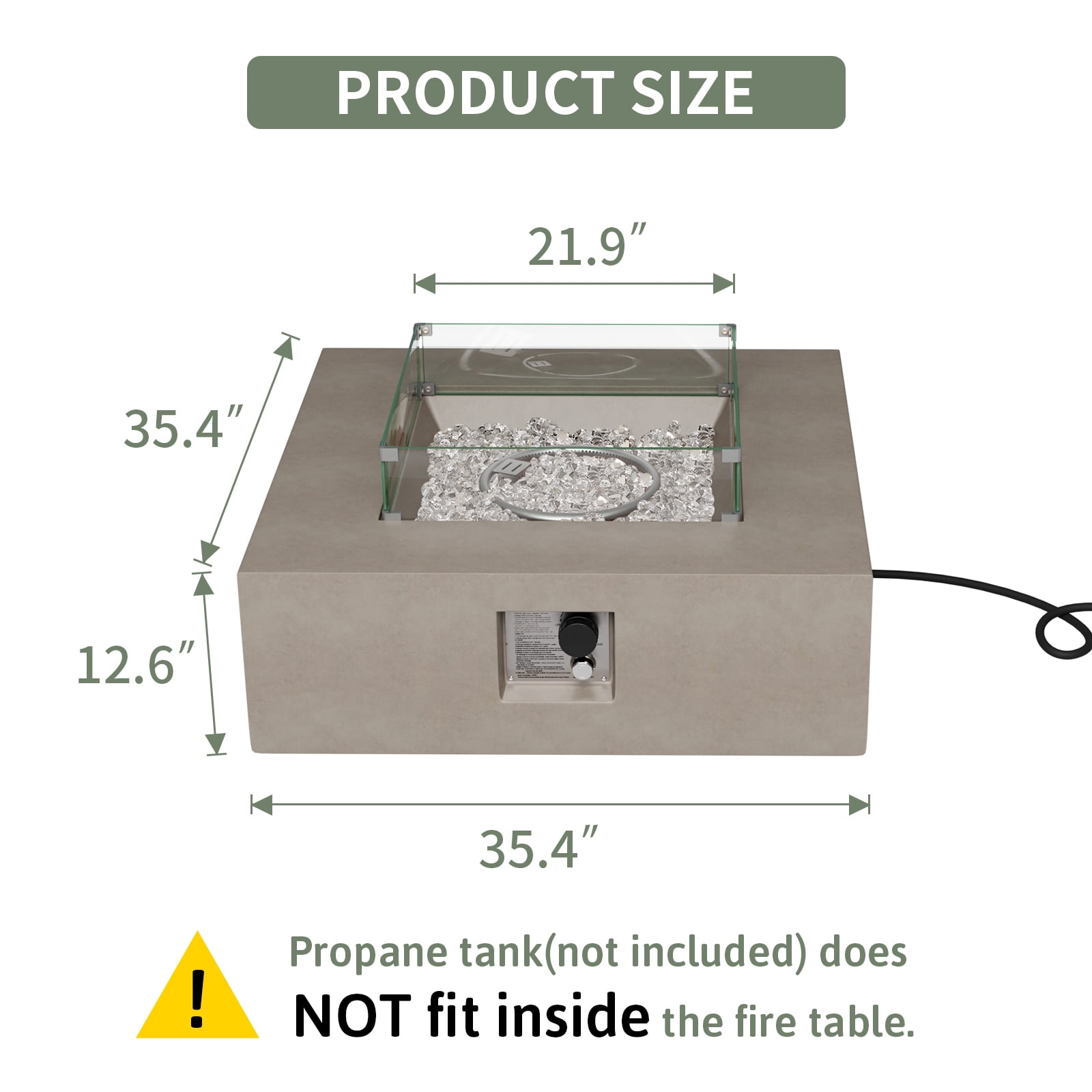 VENTOPYR Outdoor Propane Square Fire Pit Table, Gray Faux Stone 35-inch Planter Base, 50,000 BTU Stainless Steel Burner, Transparent Gray Fire Glass and Rain Cover, Metal Lid