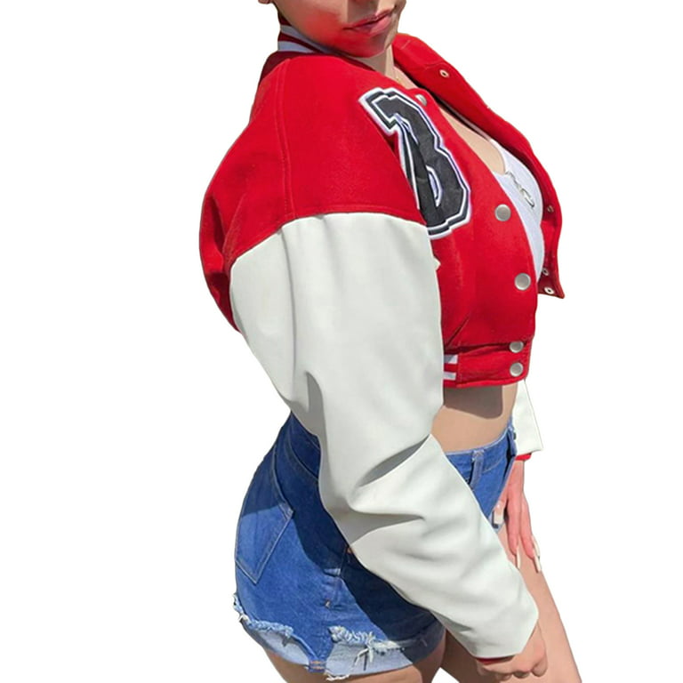 Women Varsity Jacket Cropped Baseball Jacket Bomber Coats Fashion Streetwear - Red, L