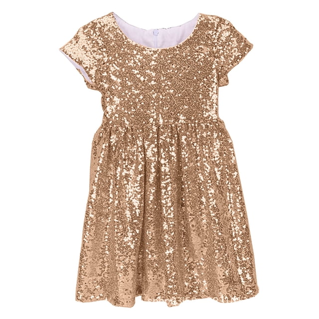 vigerkar Robe à Paillettes pour Filles, Scintillante, Chic, Manches Courtes Bouffantes, Dégradé, Robe de Fête (Or Rose, 5-6 Ans)