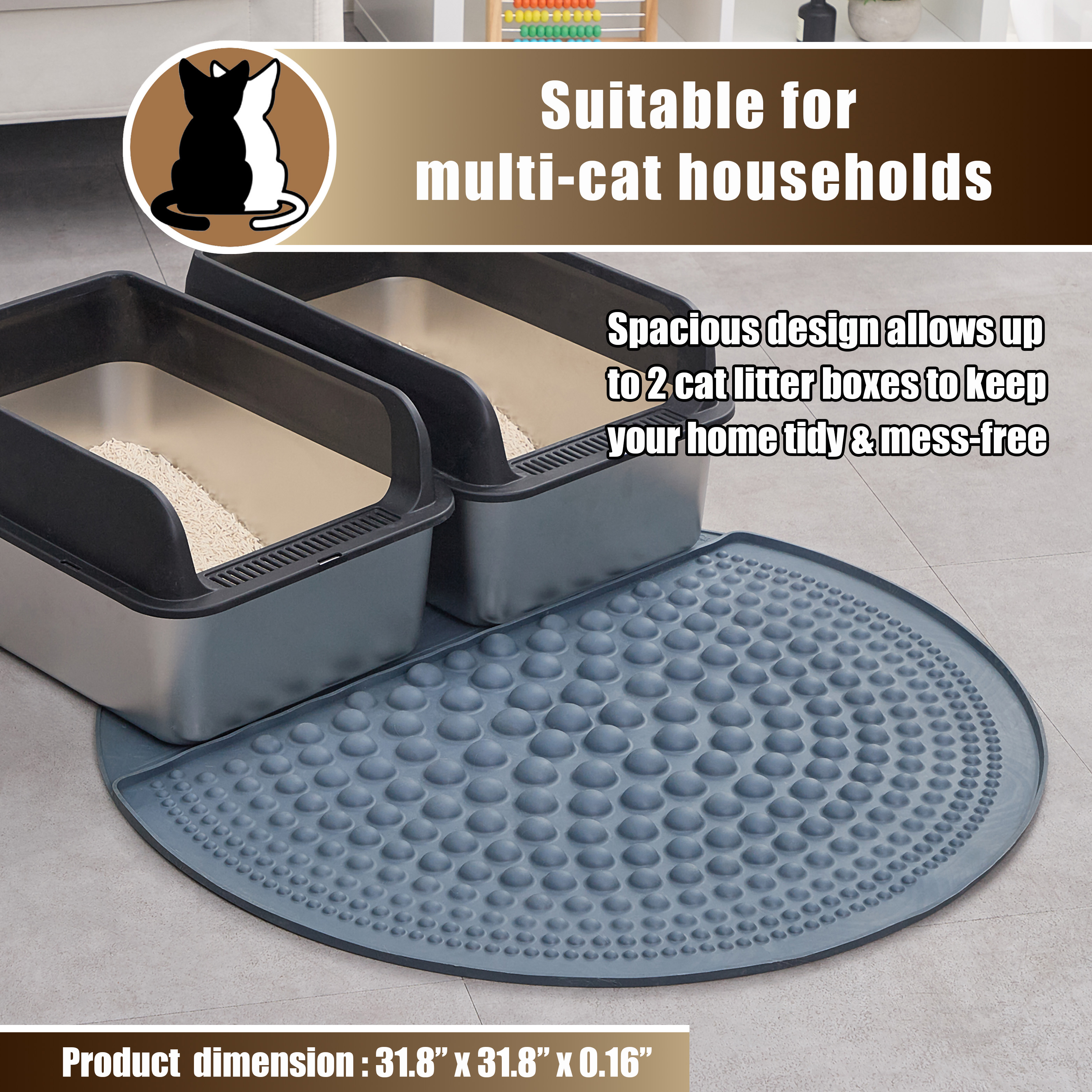 Petpals Air Bubble Cat Paw Scrub Litter Mat,32" Round Cat Litter Trapping Mat, for Double Litter Boxes, Grey