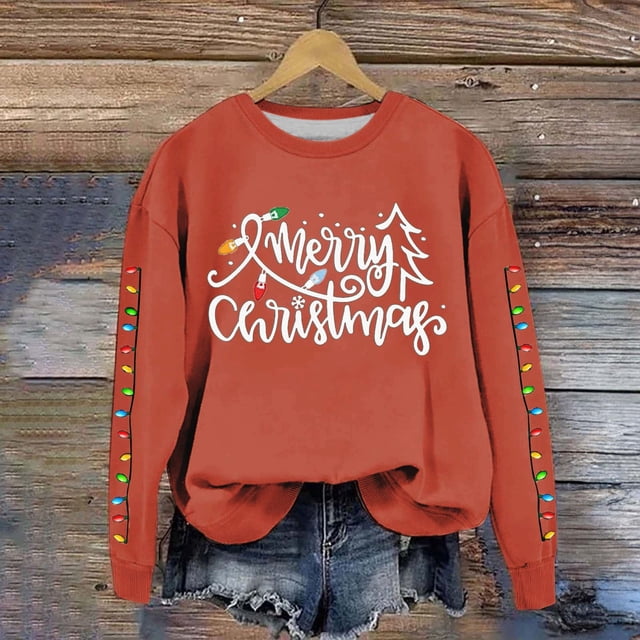 IDALL Chandails à Capuchon pour Femmes Sweat à Capuche Graphique de Noël Chandails en Molleton pour Femmes Joyeux Noël Imprimé Lettre Col Rond Manches Longues Chandail en Molleton Pull de Noël Cadeaux de Noël Liquidation Or L