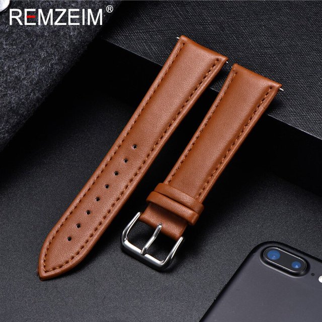 Correa de reloj de piel de becerro REMZEIM, correa de reloj de Material suave, correa de muñeca de 18mm, 20mm, 22mm, 24mm con hebilla plateada de acero inoxidable Tan Jianjun unisex