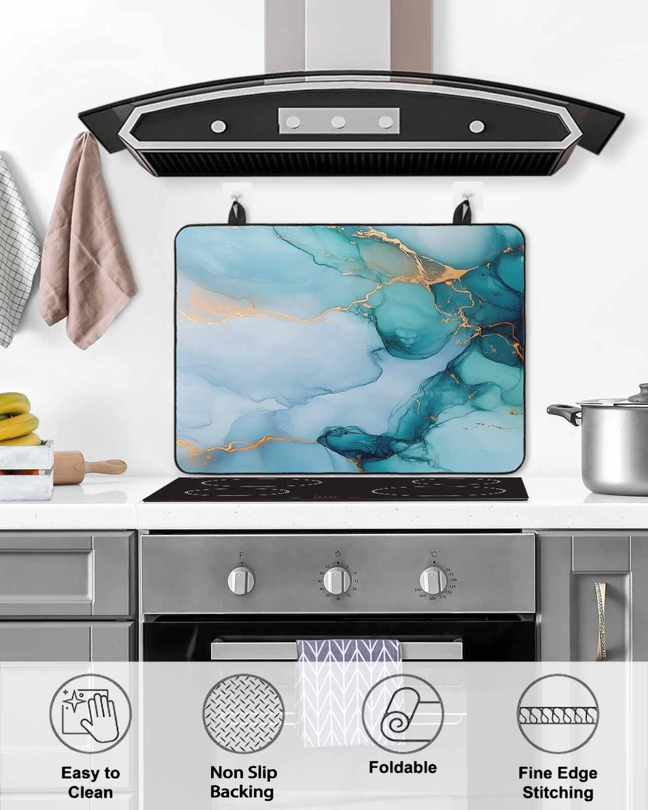 nqOlkjepod Large Induction Cooktop Protector Mat 24"x21", Turquoise Gold Marble Stove Top Covers for Electric Stove, Modern Marble Geometric Decorative Stove Burner Cover Mats, Glass Top Stove Cover