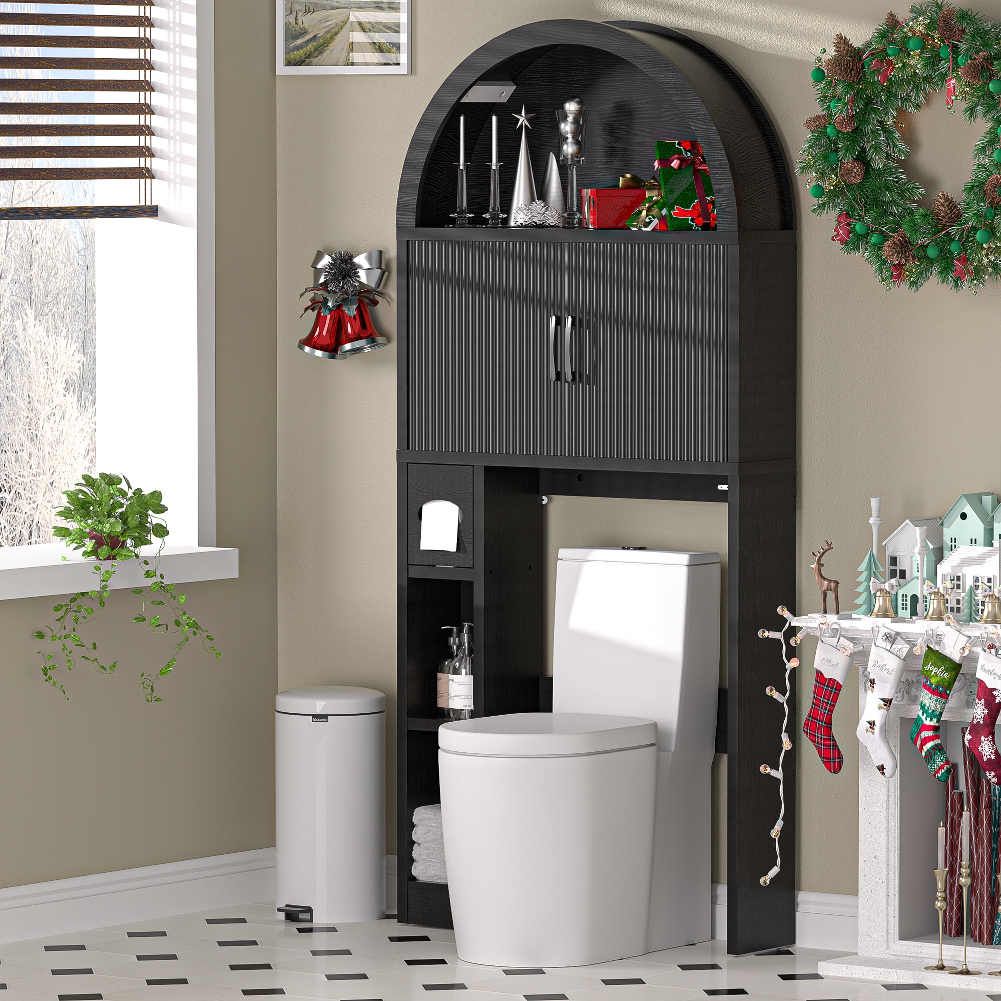 HARIPUL Over The Toilet Storage Cabinet w/ Unique Wood Grain & Arc Design, Freestanding Bathroom Shelf Organizer Space Saver w/ Doors & Anti-Tip Device, Black