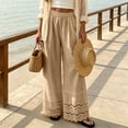 thumbnail image 4 of Karymi Jeans for Women Solid Linen Blend Palazzo Pants, High Waist Pleated Long Trousers, Scalloped Eyelet Lace Hem Beach Vacation Pants With Pocket Jean Shorts, 4 of 5