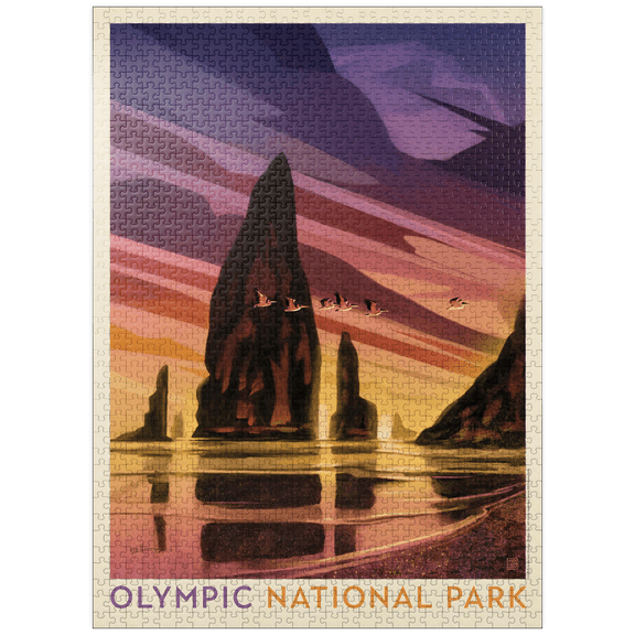 MyPuzzle - Olympic National Park: Pelican Sunset, Vintage Poster - Premium 1000 Piece Jigsaw Puzzle for Adults