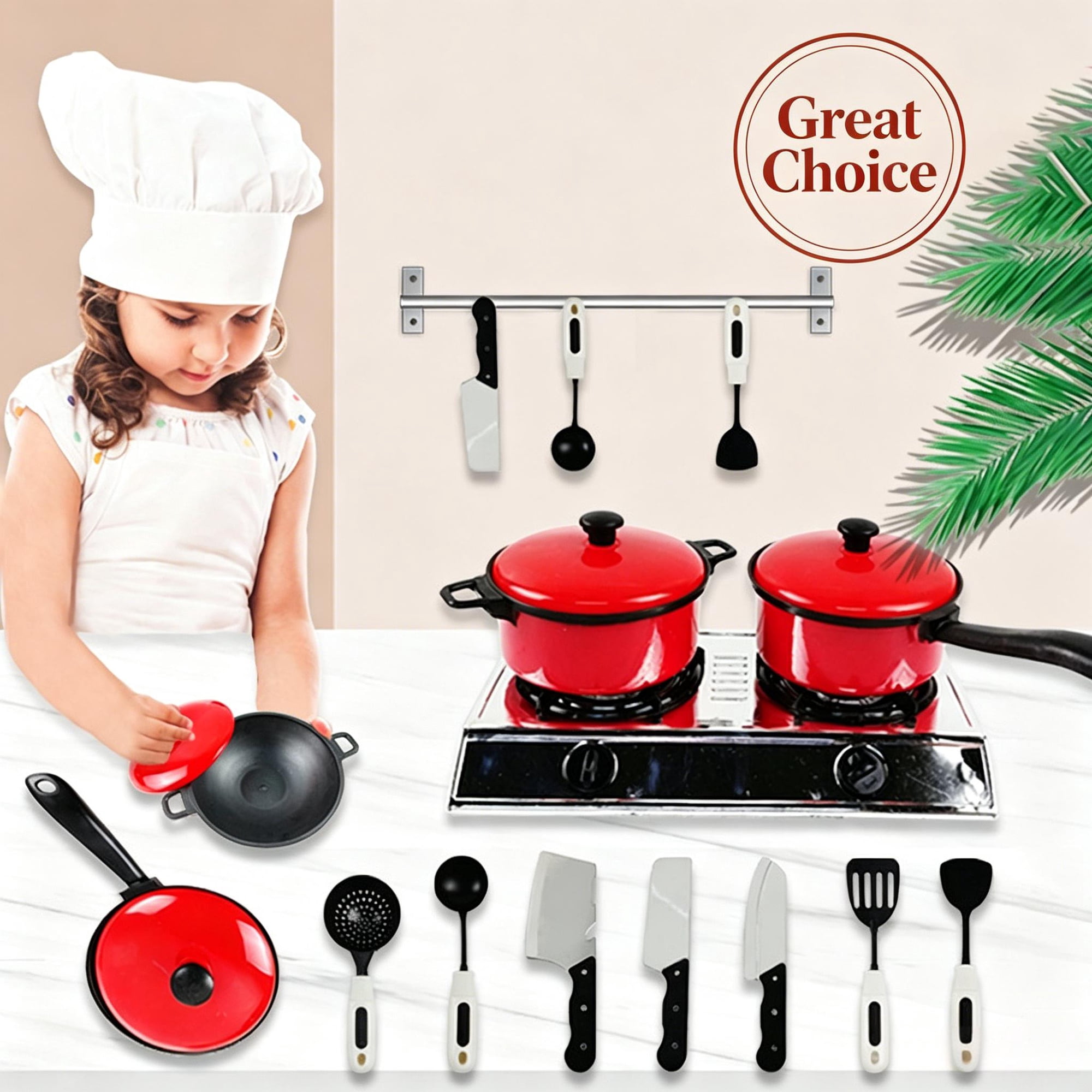 13Pcs Kids Pretend Play Kitchen Cookware Set Little Chef Role Play Educational Toy Birthday Holiday Gift for Toddler Boys Girls Ages 4+