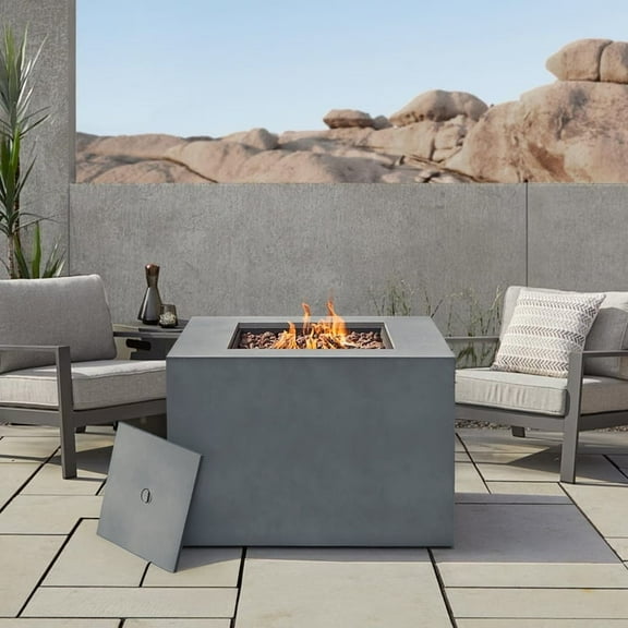 Kinger Home 32 Inch Outdoor Propane Concrete Fire Pit Table for Patio, Weather Cover, Lava Rocks, Square