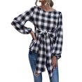 thumbnail image 1 of Blouse à Carreaux pour Femmes, Col Rond, Manches Longues Lanterne, 1 of 5