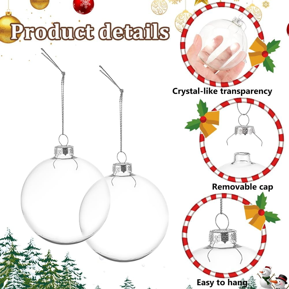 12Pcs Clear Glass Christmas Ornament Balls 3.8x3 Round Fillable Christmas Ornaments Plastic Ornaments for Crafts Fillable Hanging Ornament Ball for Christmas Tree Wedding Home Decor 12pcs