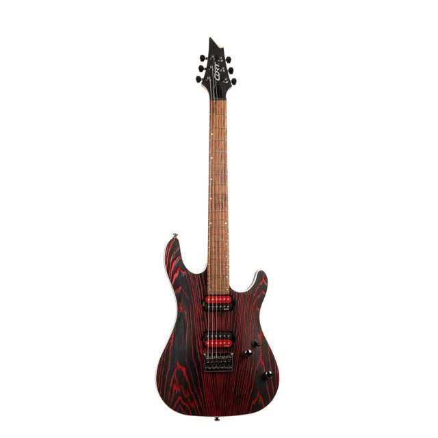 Cort Guitars KX Series Guitarra eléctrica de 6 cuerdas con tapa de fresno, grabada en negro y rojo - EMG Super 77