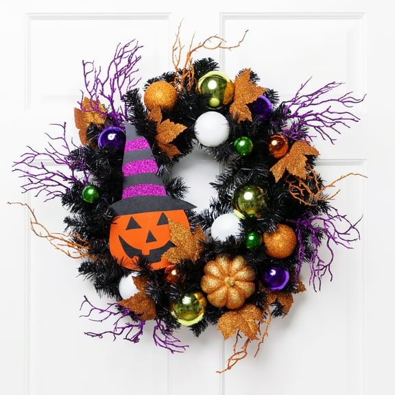 Northlight Jack-O-Lantern in Witch's Hat Glittered Halloween Pine Wreath - 24" - Unlit