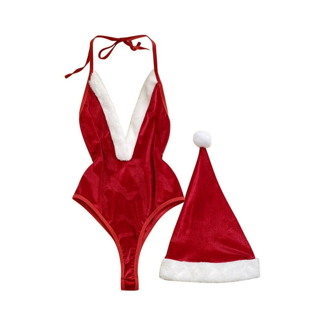 WZXFASHION Lingerie de Noël pour Femmes, Justaucorps en Peluche Rouge Aguichant avec Père Noël, Tenue de Noël, Ensemble de Chapeau de Noël, sous-Vêtements Rouges G