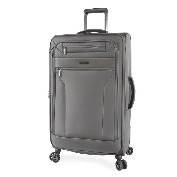 Open Box Brookstone Harbour 30" Softside Large Checked Expandable Spinner Luggage with Removable Toiletry Pouch, Dark Charcoal