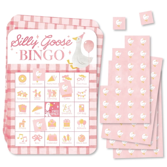 Big Dot of Happiness One Silly Goose Pink Bingo Cards and Markers, Girl 1st Birthday Party Activity, Picture Bingo Game - Set of 18