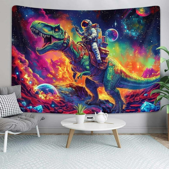 Funny Space Astronaut Dinosaur Tapestry Blacklight UV Reactive Psychedelic Universe Planet Neon Dinosaur Tapestries Wall Hanging for College Boys Dorm Living Room Decor