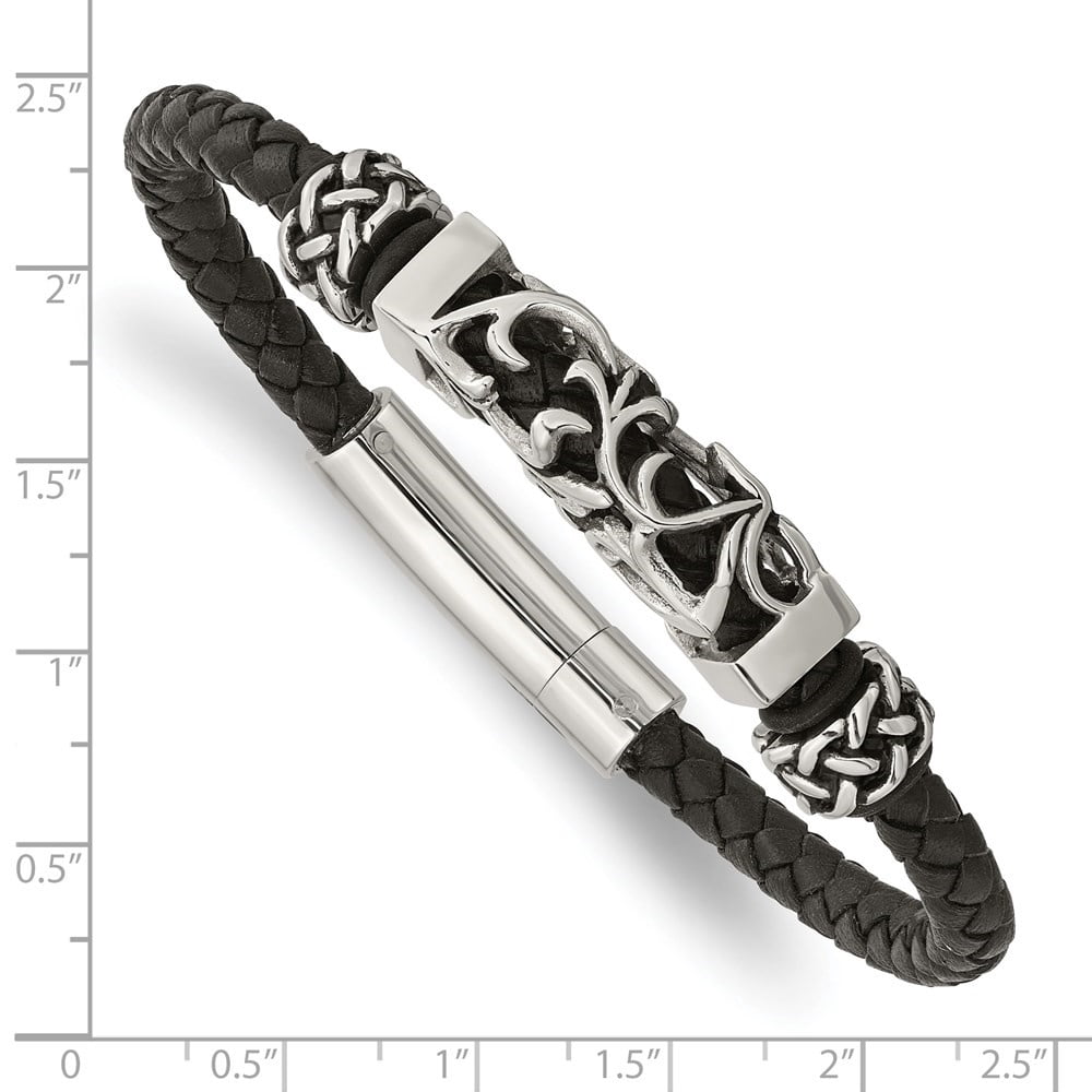 Diamond2Deal Stainless Steel Polished with Antiqued Beads Braided Black Leather Bracelet for Men 8.25"