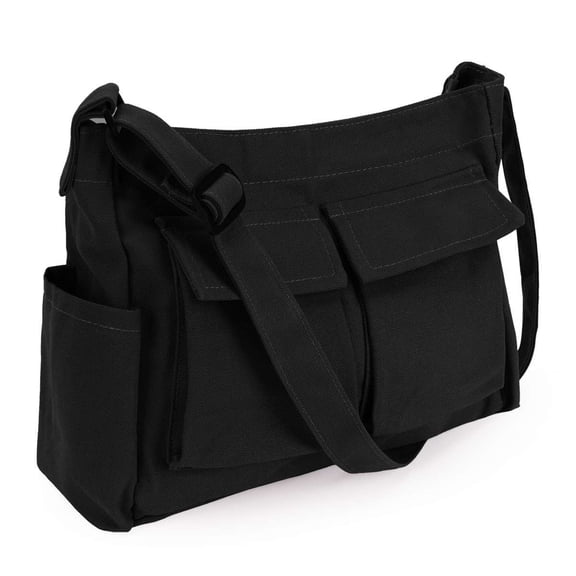 Spencer Canvas Messenger Bag Large Capacity Hobo Bag Crossbody Shoulder Bag Tote Bag with Multiple Pocket for Women and Men, Black