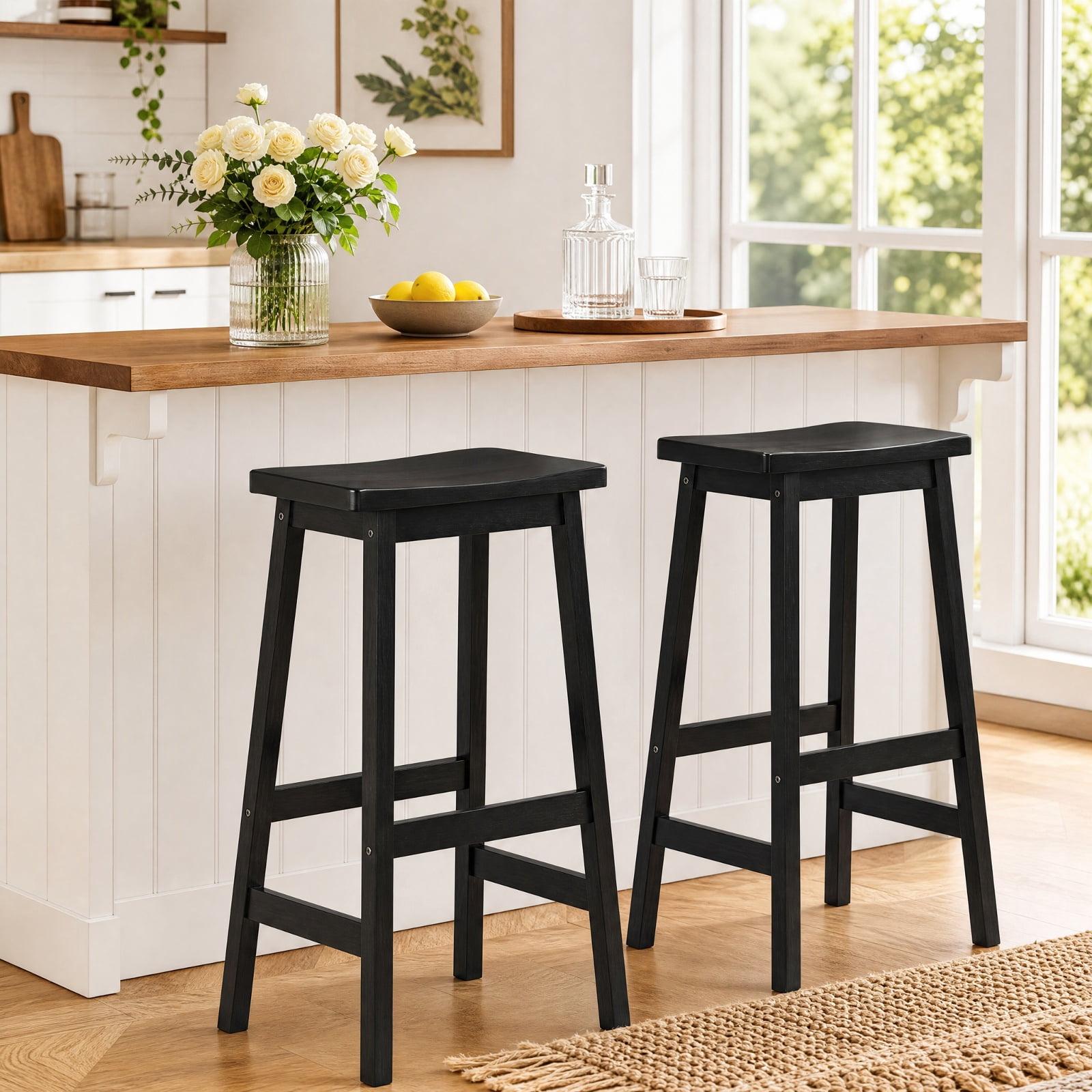 Furnibear 29" Set of 2 Saddle-Seat Counter Height Stools with Curved Seat and Footrests for Kitchen Island Counter Bar Pub Dining Home, Black