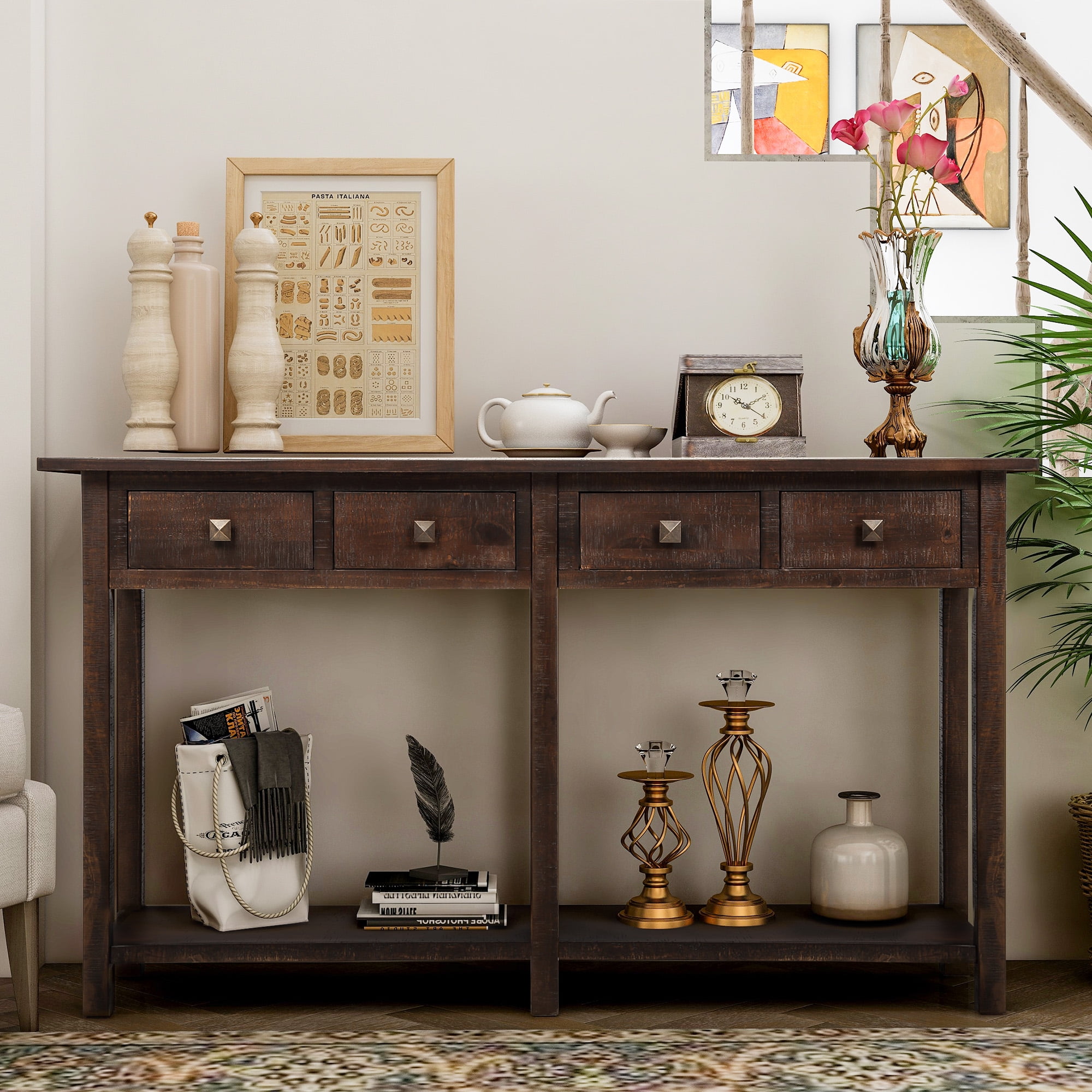 Jumper 59 Console Table Rustic Entryway Table Solid Wood Storage Console Table With Two Storage Drawers And Bottom Shelf For Living Room Espresso Walmart Com Walmart Com