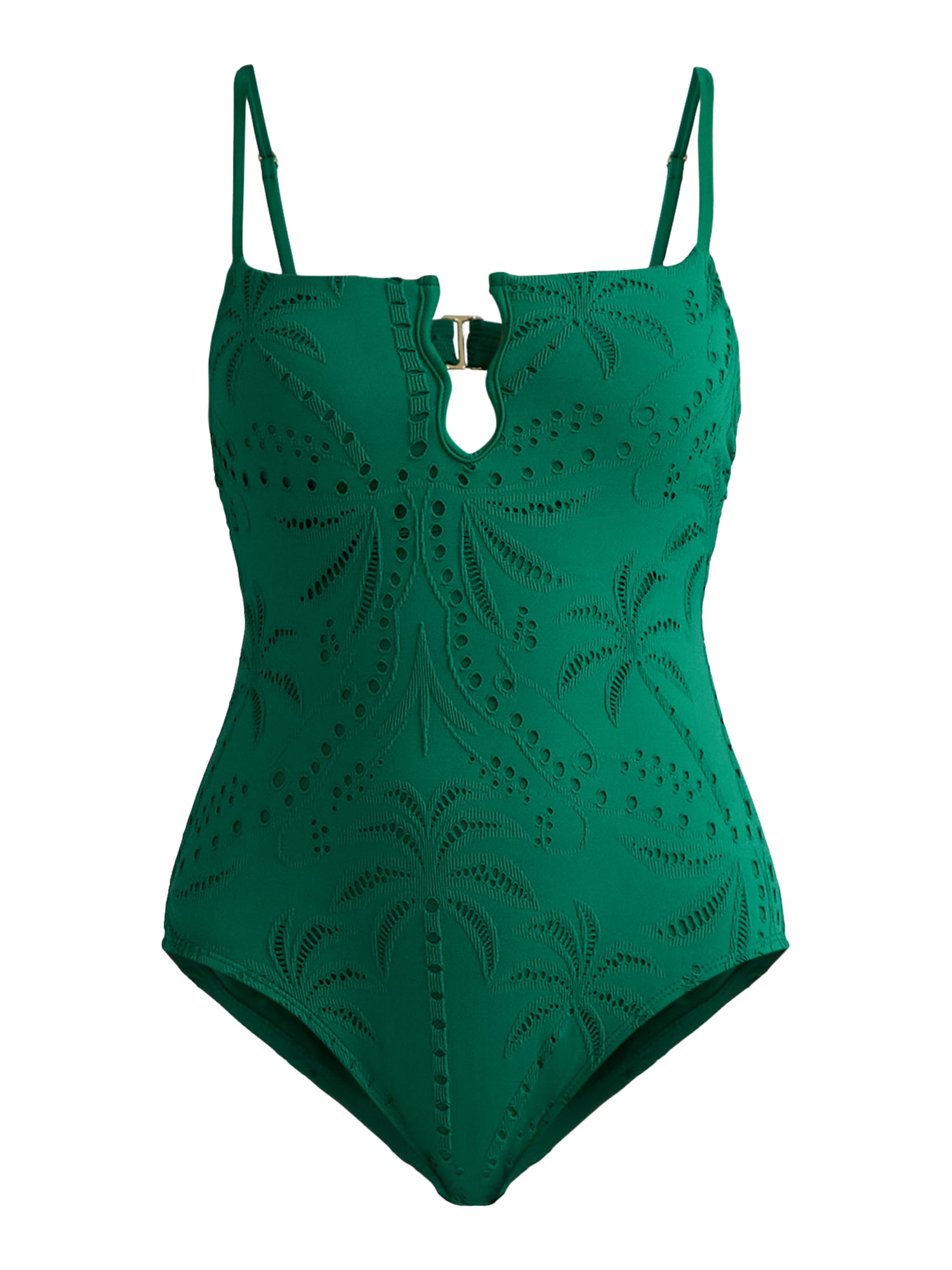 Time and Tru Women’s and Women’s Plus Eyelet Embroidered V Wire One Piece Swimsuit, Sizes XS-3X