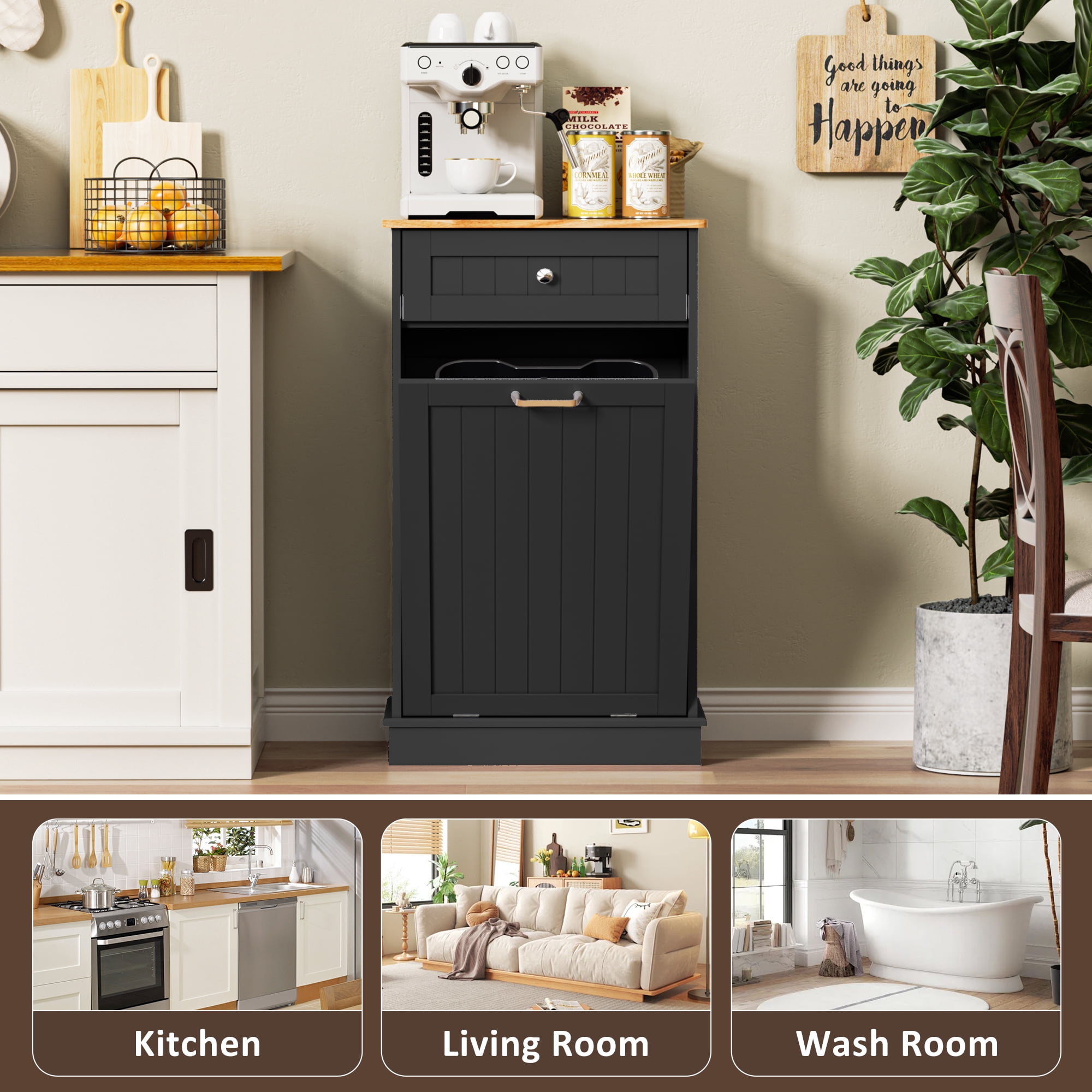 HARIPUL Single Tilt Out Trash Cabinet for 13 Gallon Waste Bin, Free Standing Kitchen Trash Can Cabinet with Drawers, Black