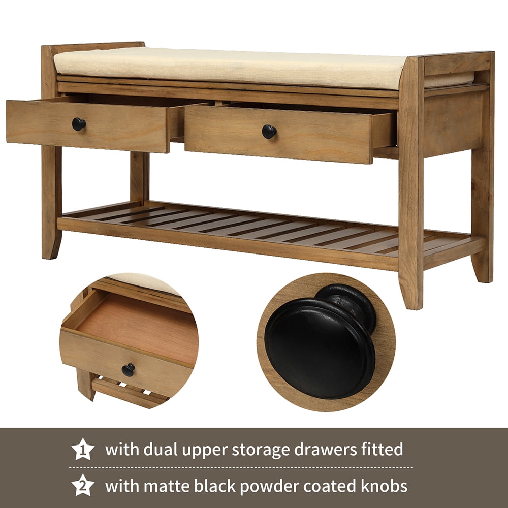 Lowestbest Wooden Storage Bench, Shoe Bench Rustic Solid Wood Entryway Bench Rack, Shoe Rack with Cushioned Seat and Drawers, Old Pine
