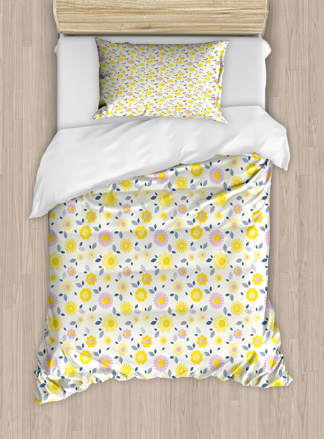 Daisy Twin Size Duvet Cover Set, Summer Flower Blossom Leaves Pastel